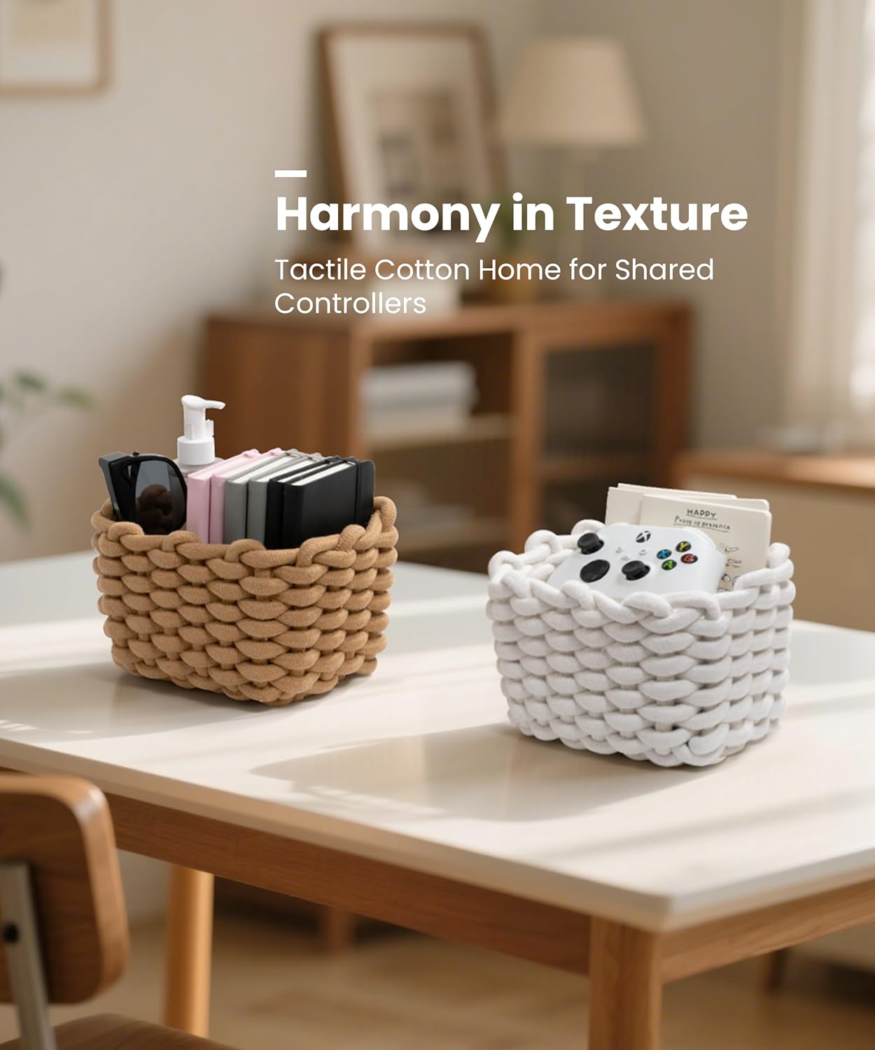 Woven Decorative Storage Bins for Shele / White & Khaki / Set of 2