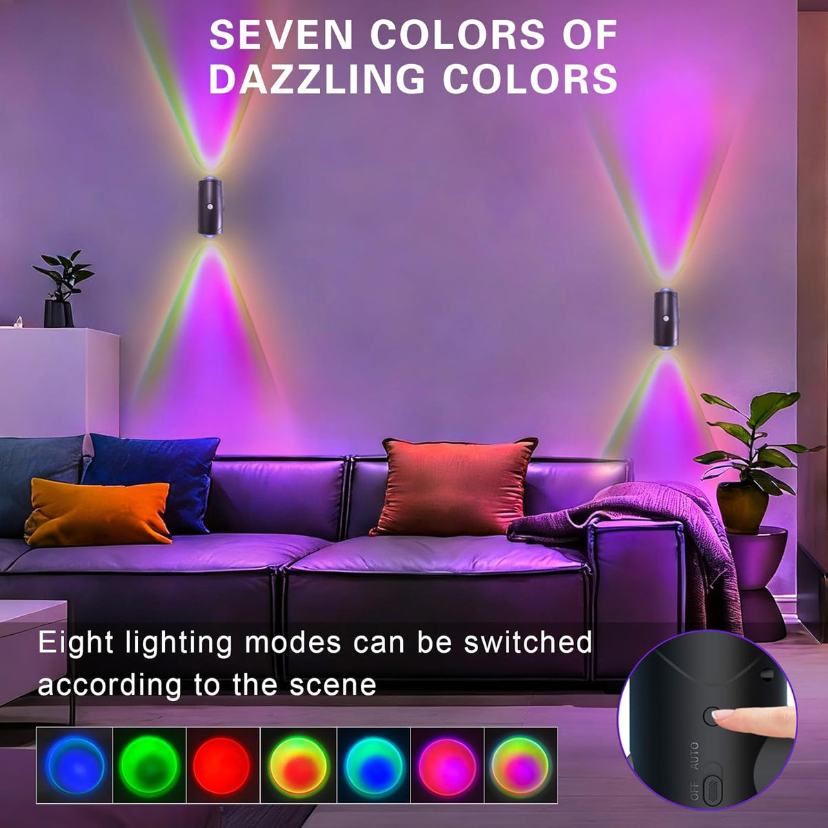 Rechargeable Motion Sensor Night Light, Magnetic RGB Wall Sconces 2 Pack | 7 Color Motion Sensor Light Indoor, 1500mAh