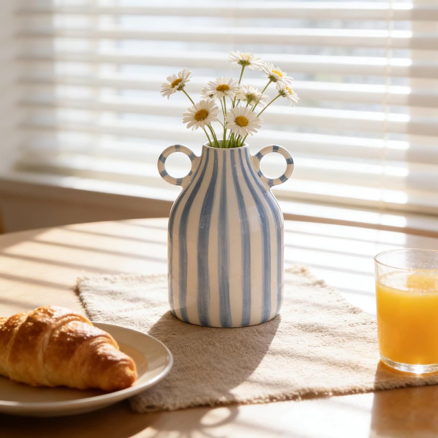 Ceramic Blue and White Striped Vase / Blue White