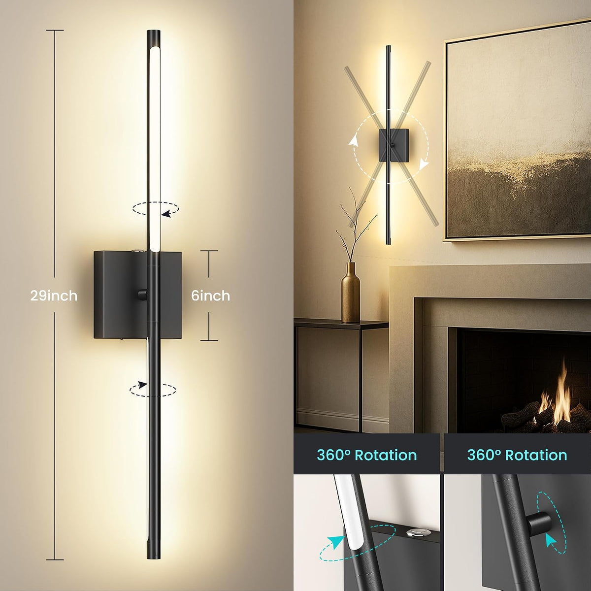 10000mAh Rechargeable Wall Lights, Black, 29 Inch, 3CCT, 2 Pack | Battery Operated Wall Sconces Set of 2, Remote