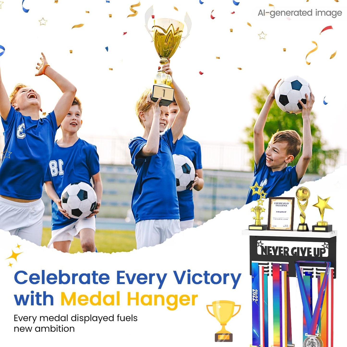 Medal Holder Display Trophy Shelf Organizer, Sturdy Wooden Race Award Hanger Rack with 25 Steel Hooks, Wall Mount