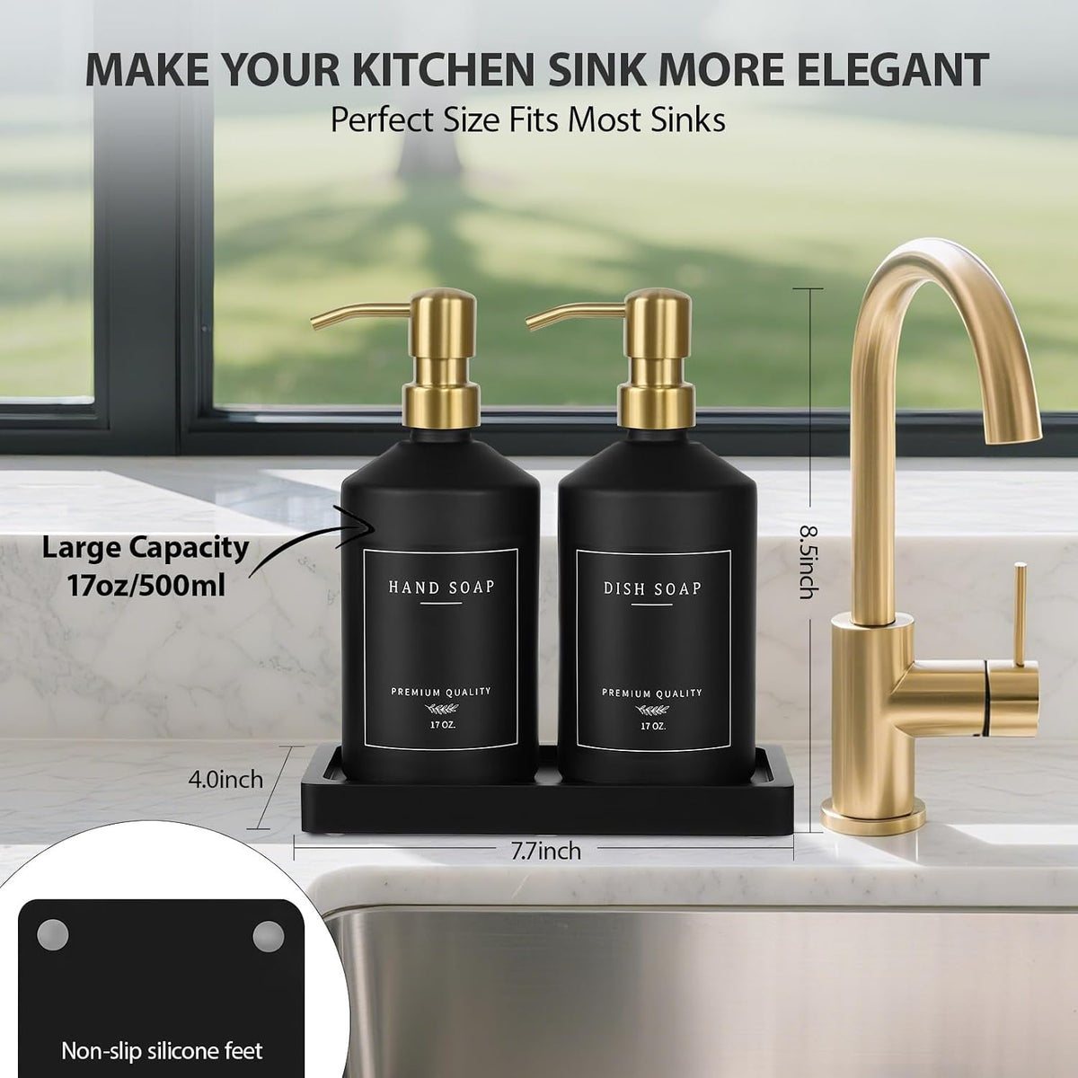 Black Glass Kitchen Hand and Dish Soap Dispenser Set, Bathroom Soap Dispenser Set with Tray and Stainless Steel Pump