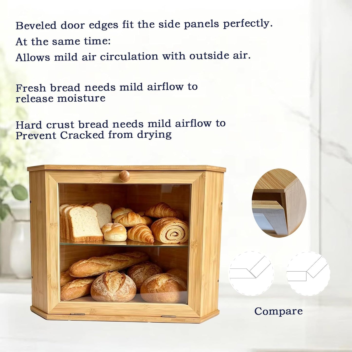Kitchen corner bread box，Bamboo bread storage box，Sealed design with slight air circulation, keeps bread fresh