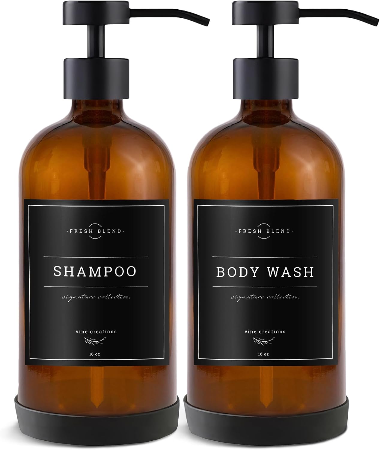 Vine Creations Amber Glass Soap Dispenser Set - Kitchen Soap Dispenser Set with Stainless Steel Pump - 16 oz Dish Soap