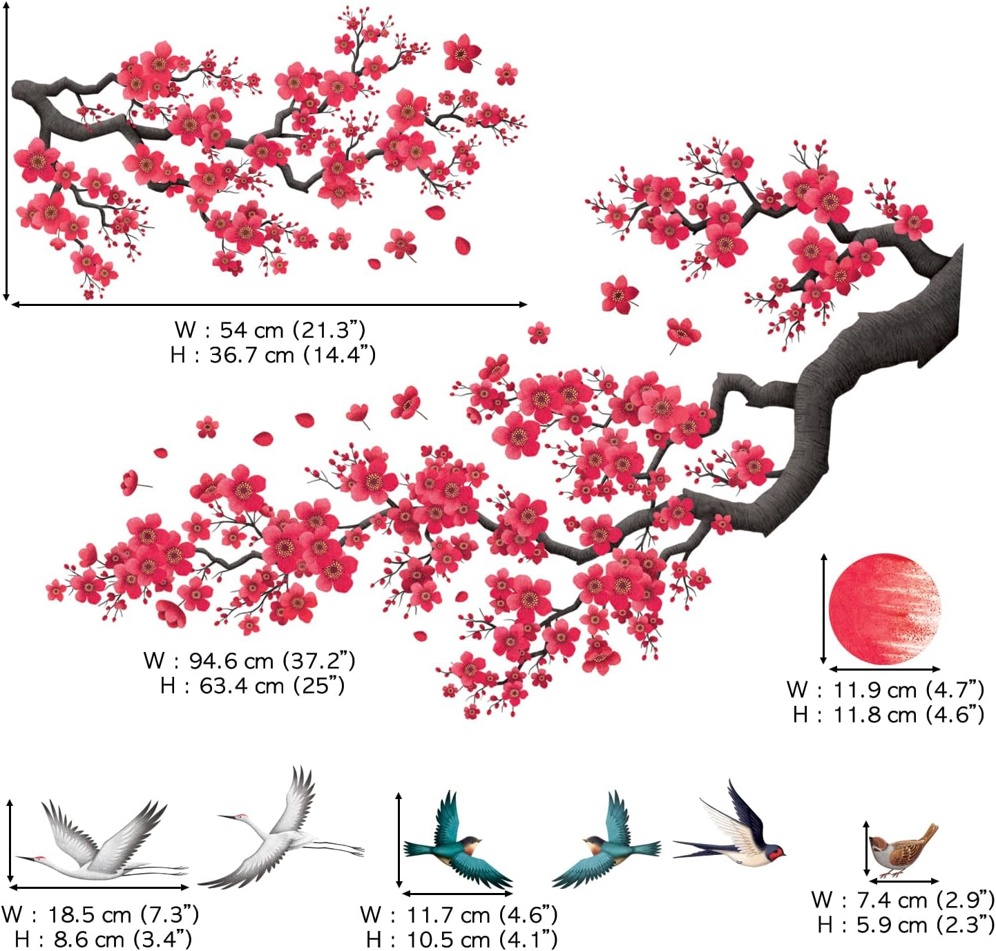Cherry Blossom Branch Wall Decals / Red Watercolor Floral