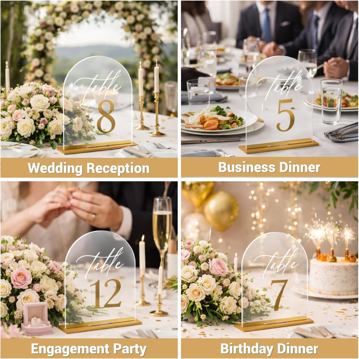 Wedding Table Numbers 1-20, Reception, 5.5" x 7" Clear Acrylic Arch Signs | Raised 3D gold numbers bring a refined