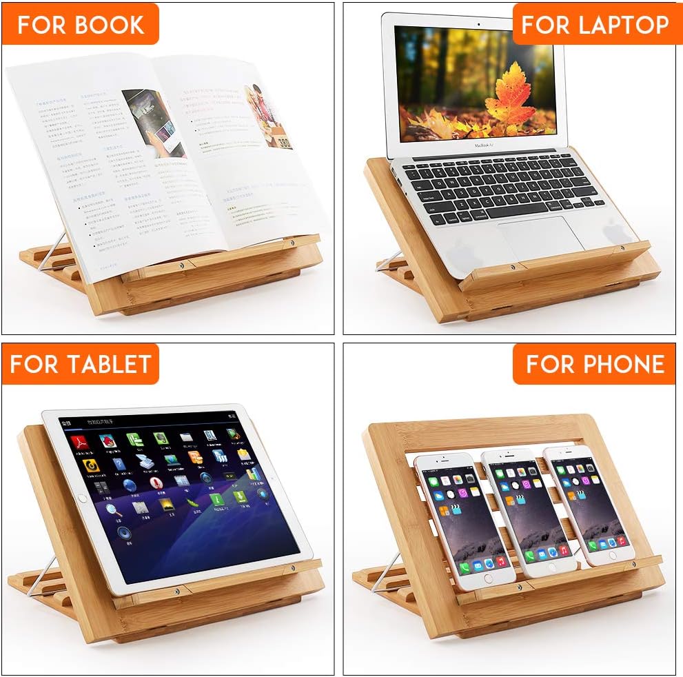 Wooden Desktop Book Stands, Adjustable Book Stand for Reading | Pezin & Hulin Cook Book Holder Seat, Bamboo Foldable