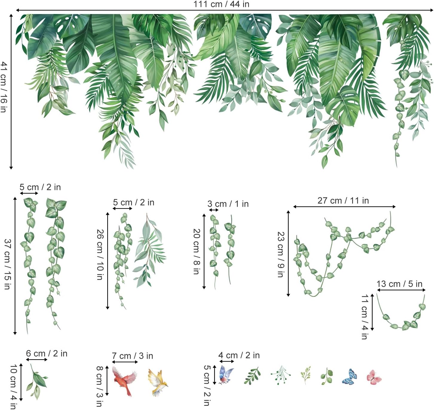 Green Tropical Leaves Wall Stickers Hanging Vines Palm Leaf Plants Peel and Stick / Green Leaves