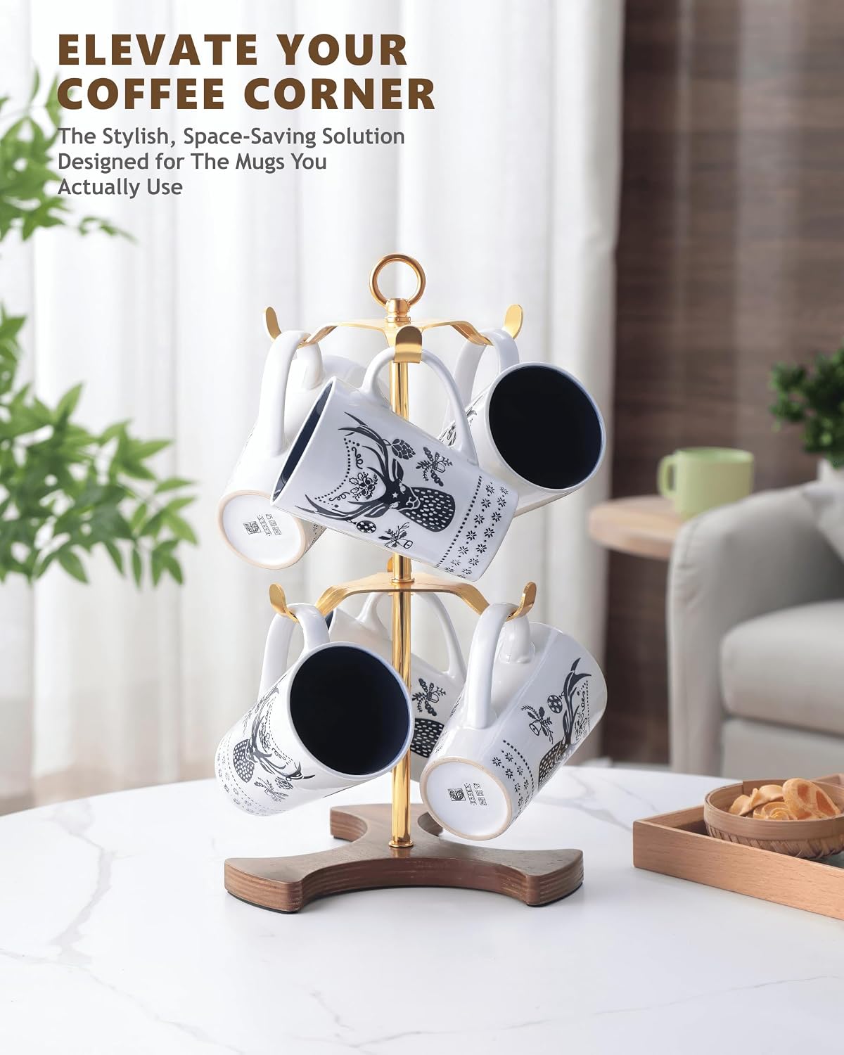 Gold Mug Holder Tree for Countertop | 2-Tier Coffee Mug Rack Holds 6 Large Mugs, 5oz to 20oz | Elegant Golden Cup Stand