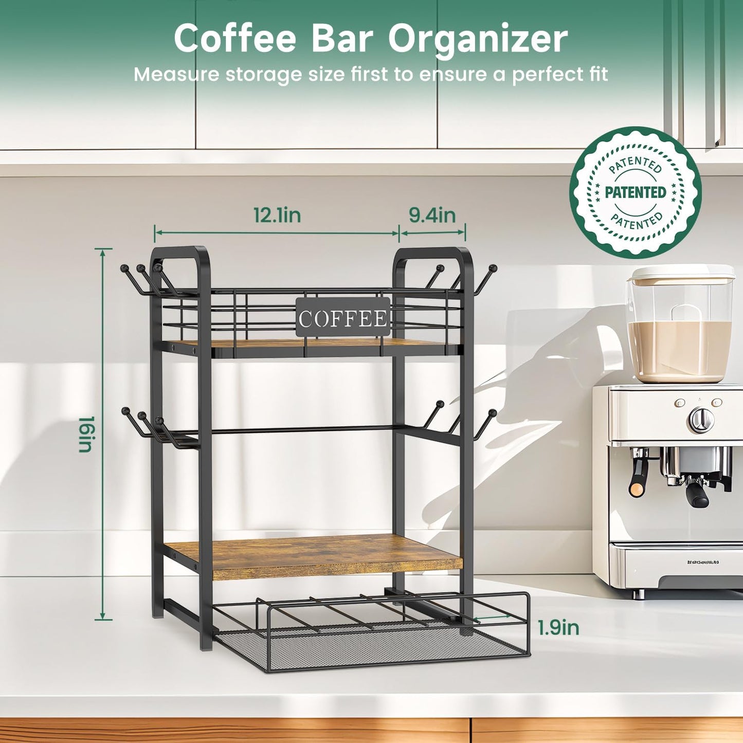 EsLuker.ly Coffee Bar Organizer Station Shelf Mug Holder, with 12 Hooks | 3 Tier Coffee Cup Stand Rack for Countertop