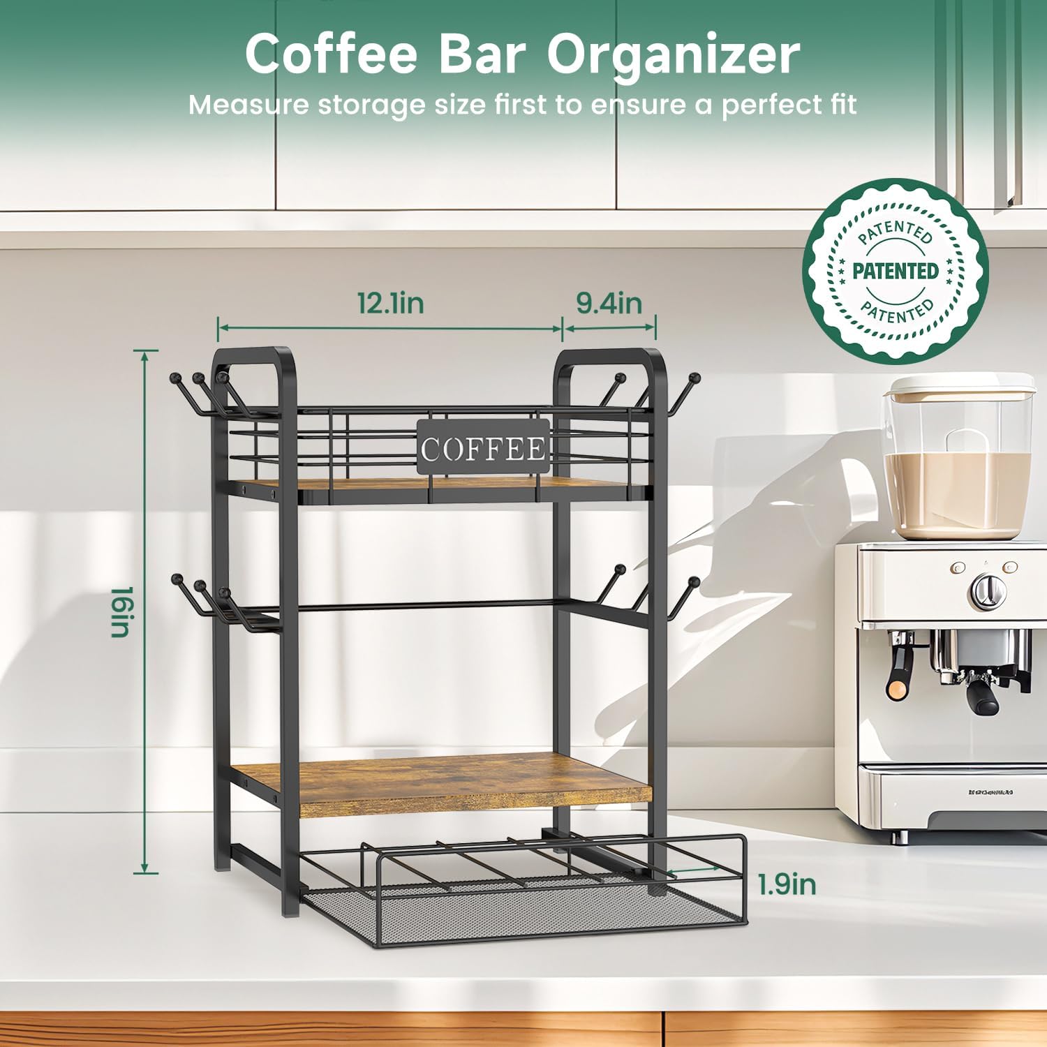 EsLuker.ly Coffee Bar Organizer Station Shelf Mug Holder, with 12 Hooks | 3 Tier Coffee Cup Stand Rack for Countertop