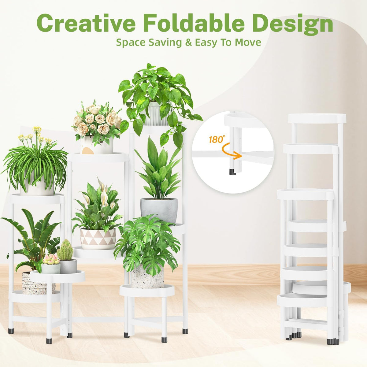 iDavosic.ly 8 Tier Folding Plant Stand Indoor Outdoor, Plastic Tray, White | Space Saving Tiered Corner Storage Display