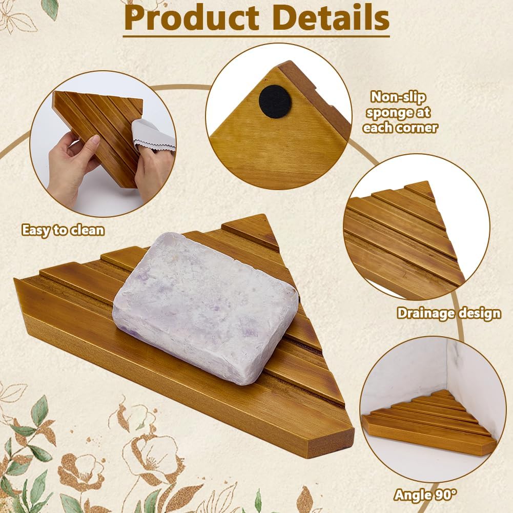Wooden Corner Soap Dish for Shower Thick Triangle Shape Self-Draining Corner / 4.6 x 7.8 / Set of 2