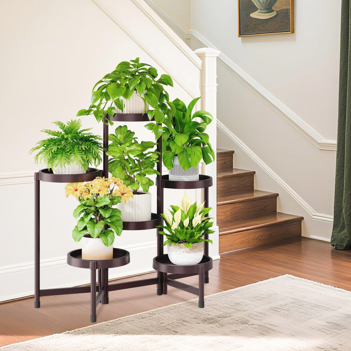 iDavosic.ly 6 Tier Folding Plant Stand Indoor Outdoor, Plastic Tray, Bronze | Space Saving Tiered Corner Storage