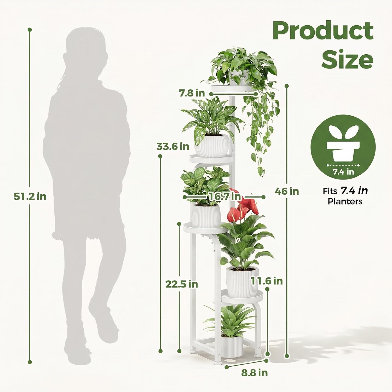 Bamworld Corner Plant Stand Indoor Outdoor Tall Metal Flower Pot Stands | 4 Tier White Heavy Duty Plant Shelf for
