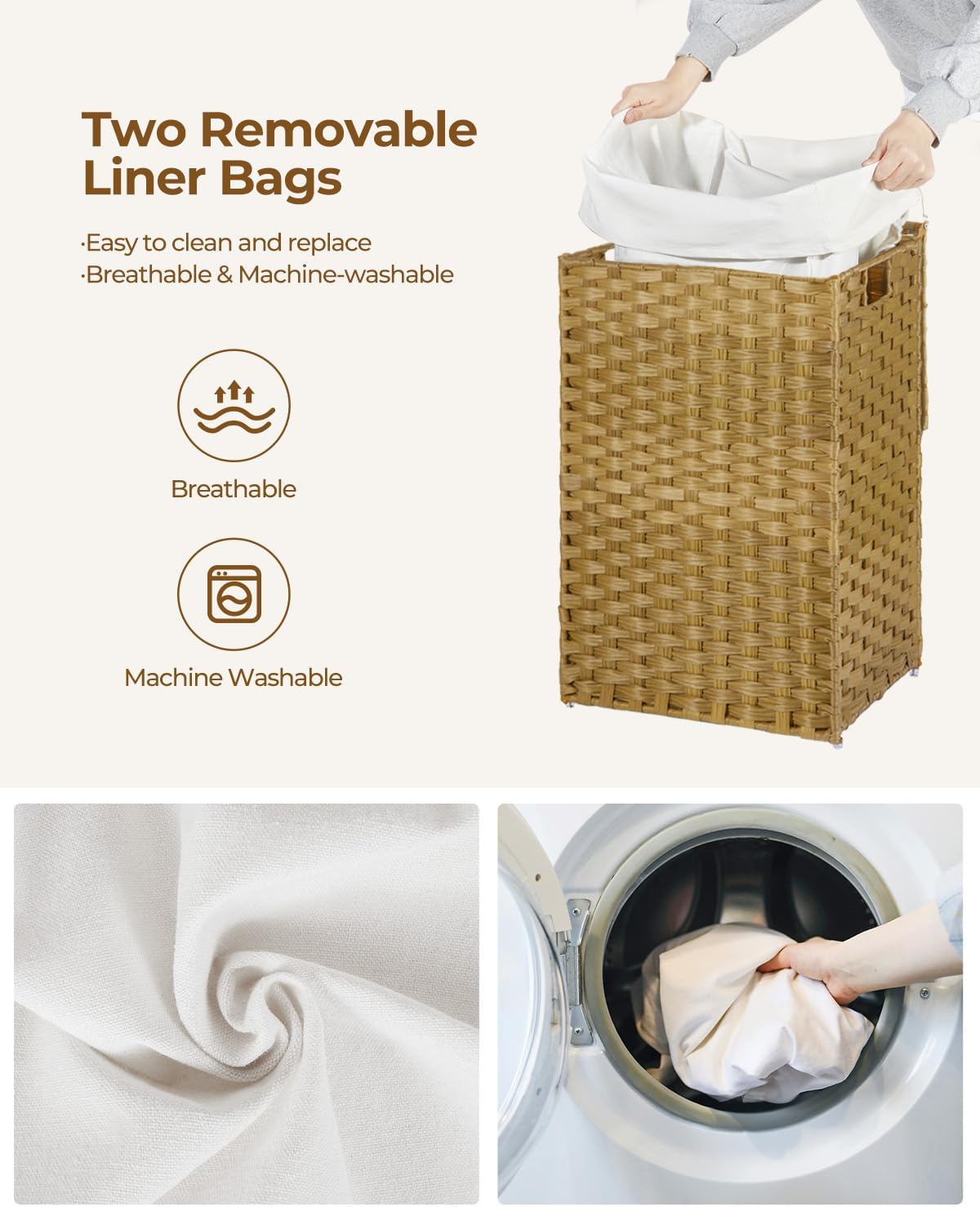 2 Removable Liner Bags & 2 Mesh Laundry Bags / Natural / 13.4 x 13.4 x 21.7 / 60L