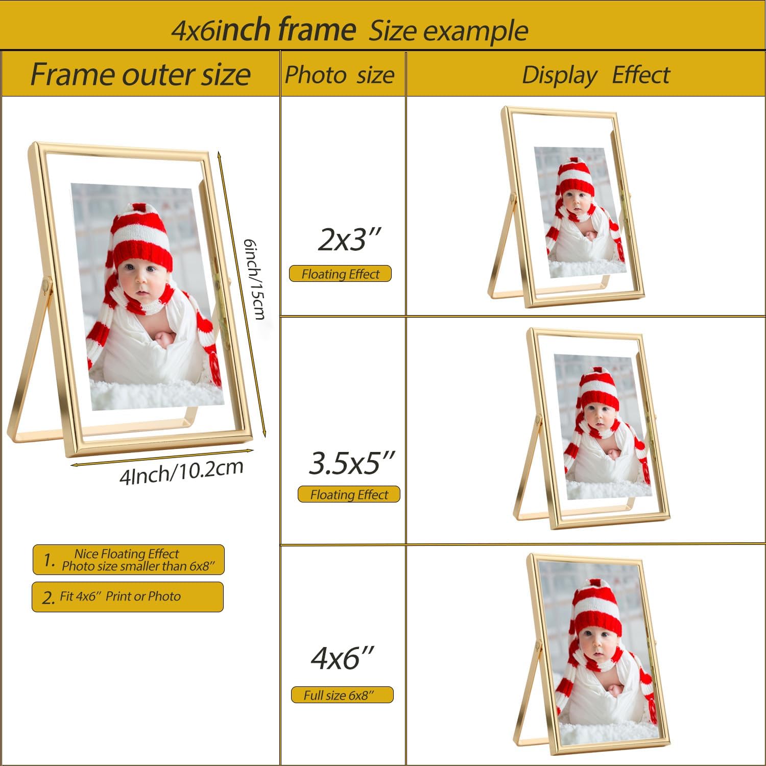 Floating Frame for picture / Gold / 4 x 6 / for ''2pk / Set of 2