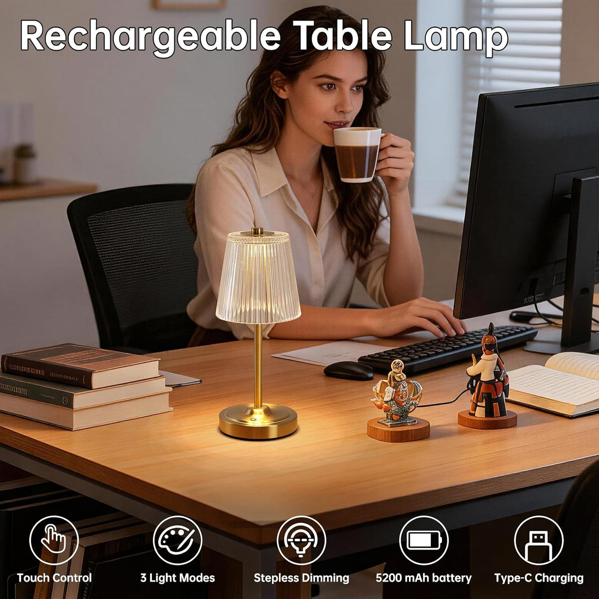 Shenmoyl Set of 2 Cordless Touch Table Lamp with 5200mAh Battery - 3 Adjustable Color Temperatures & Dimmable