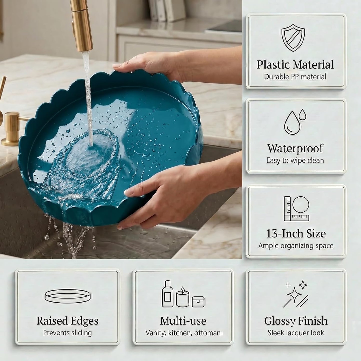 13" Round Scalloped Tray / Deep Teal