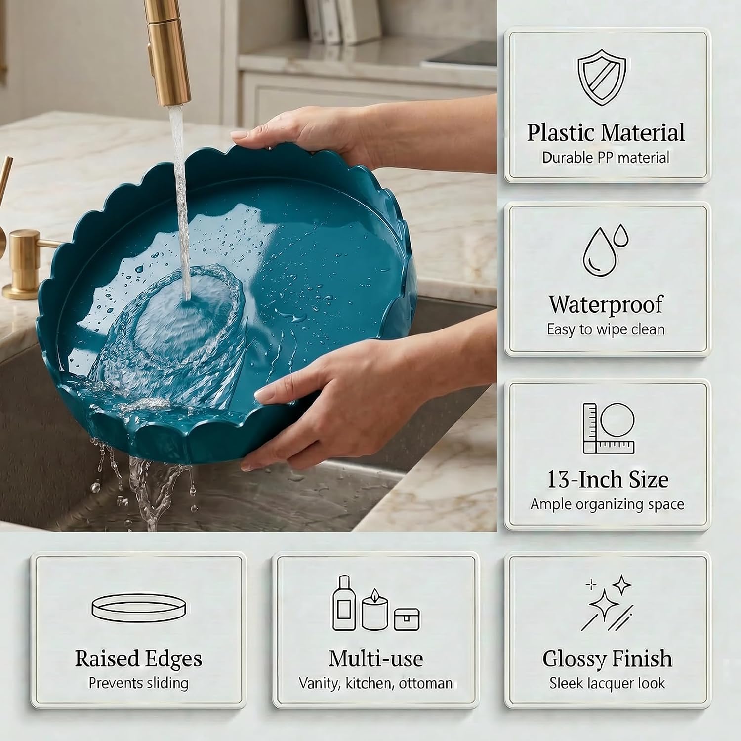 13" Round Scalloped Tray / Deep Teal