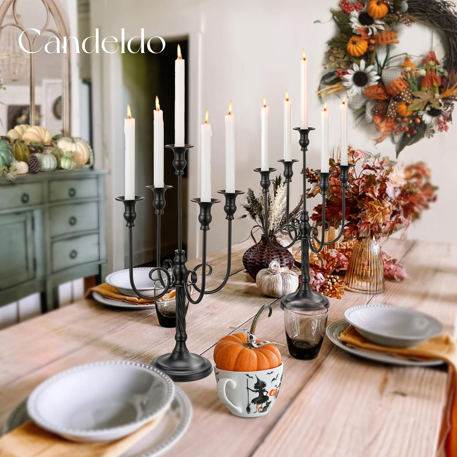 20 Inches Black Candelabra Halloween Decorations Set of 2 | Gothic Candle Holder, 5 Arm Metal Candlestick Stand, for