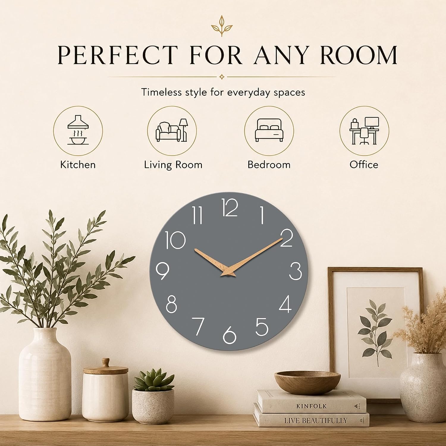 cicininc 10 Inch Battery Operated Wall Clock, Silent Analog, Gray | Living Room | Kitchen | Office | Bathroom | Modern