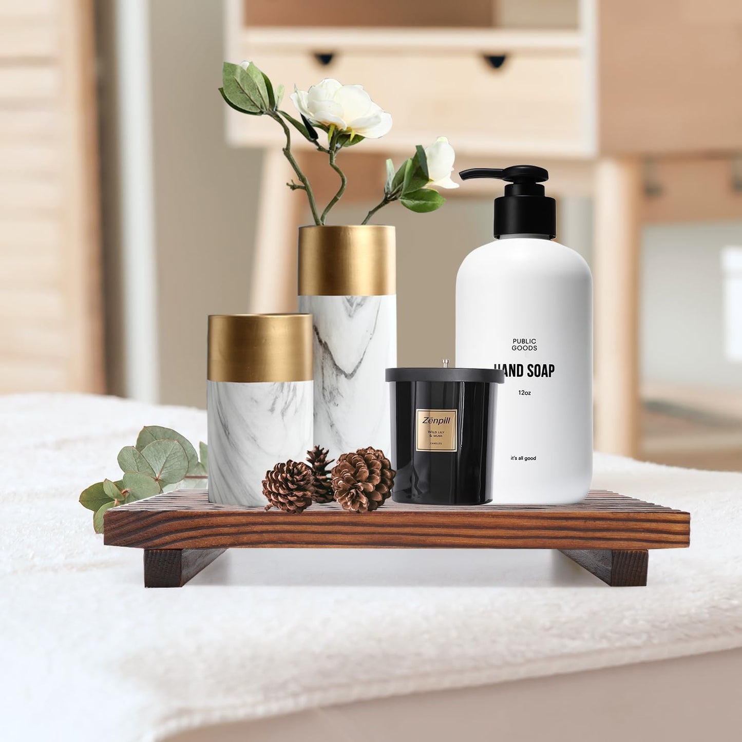 Farmhouse Bathroom Counter Tray Wood Display Pedesta Stand Kitchen Countertop / 12 x 6.7 / Brown
