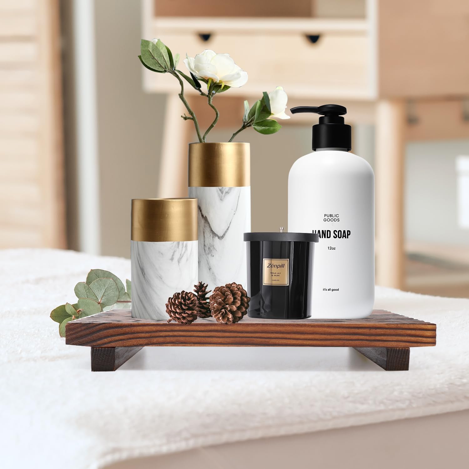 Farmhouse Bathroom Counter Tray Wood Display Pedesta Stand Kitchen Countertop / 12 x 6.7 / Brown