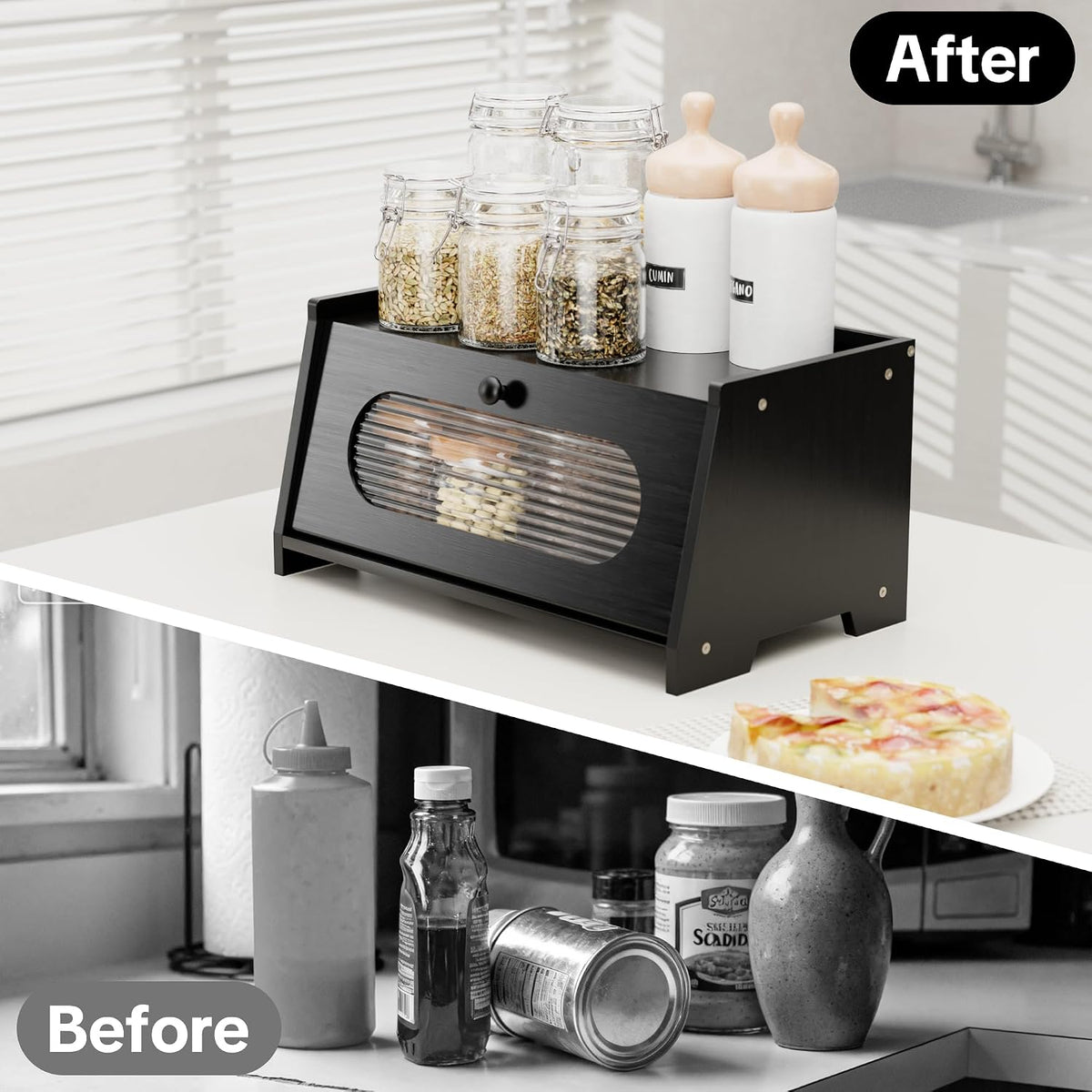 Black Bread Box for Kitchen Countertop,Large Capacity Kitchen Countertop Organizer,Bread Storage with Acrylic Window