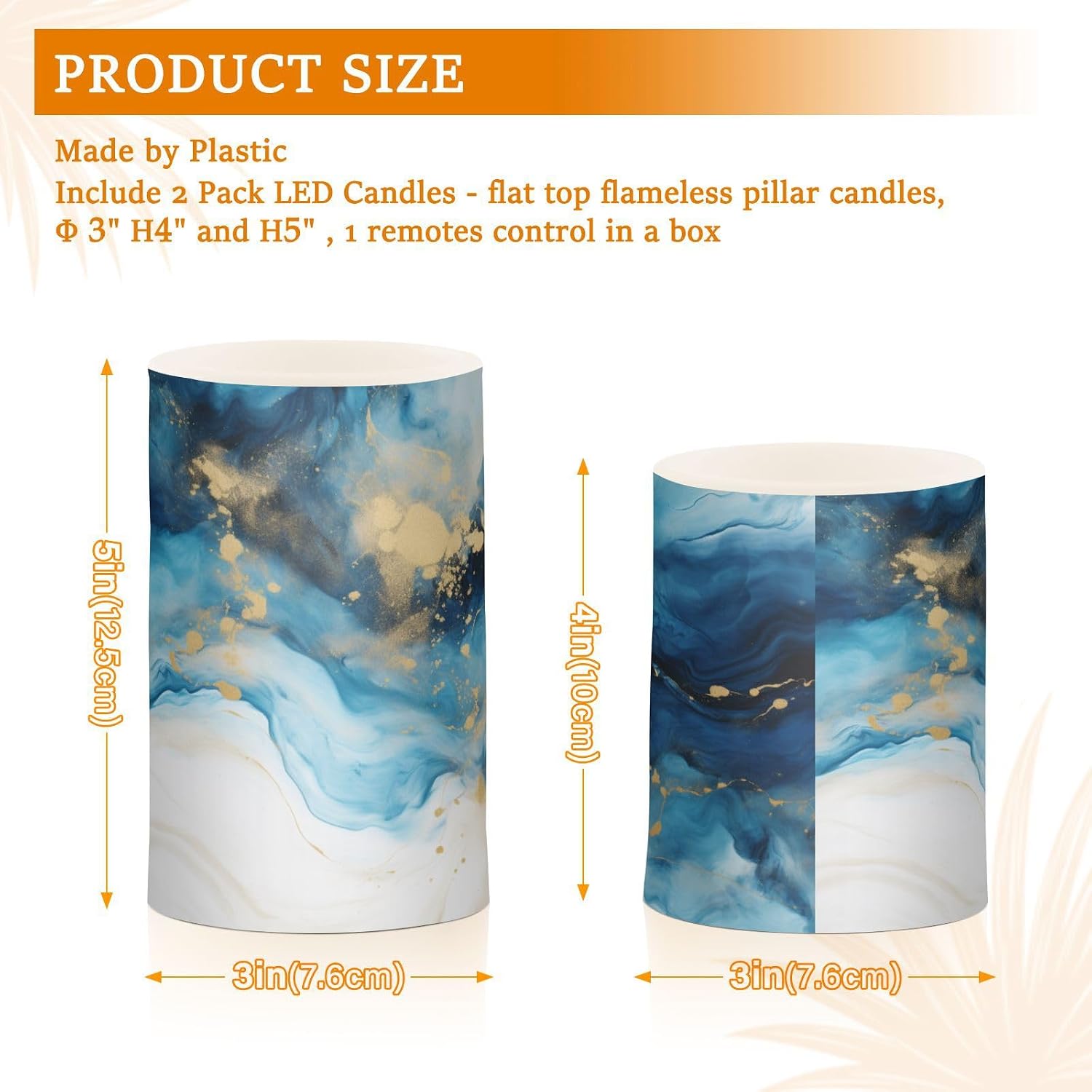 Flickering Flameless Candles, Marble Navy Blue LED Candles with Remote Timer, Set of 2 Battery Operated Candle for