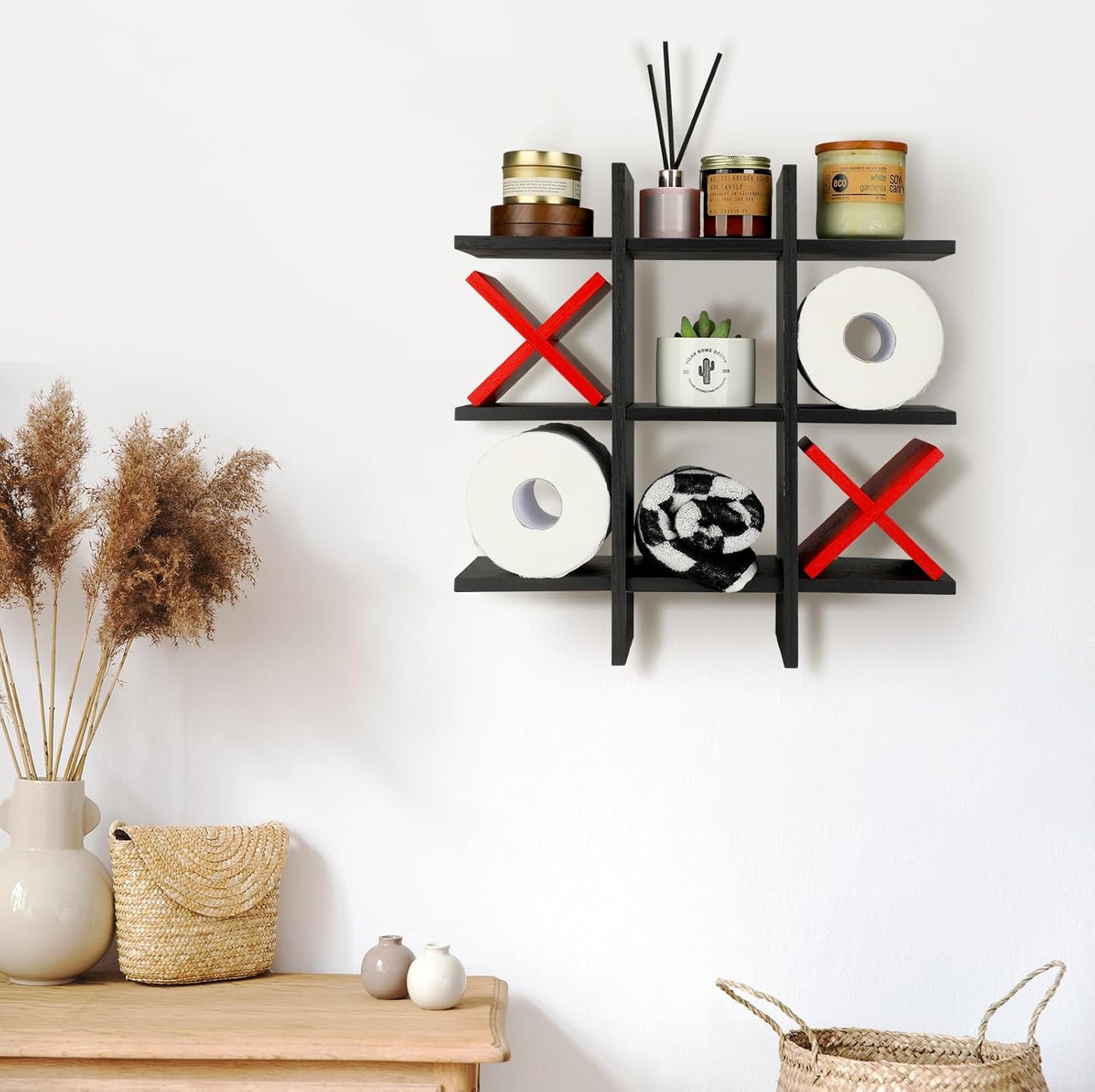Weysat Tic Tac Toe Toilet Paper Holder,Black, Red | Farmhouse Bathroom Decor, Freestanding or Wall Mount Storage for