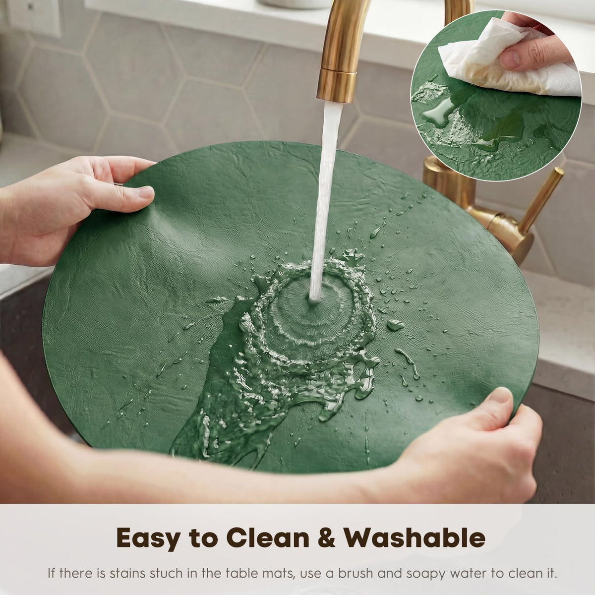 Artoid Mode Green Faux Leather Placemats Set of 8, 15 Inch Waterproof Wipeable Heat Resistant Vinyl Place Mats