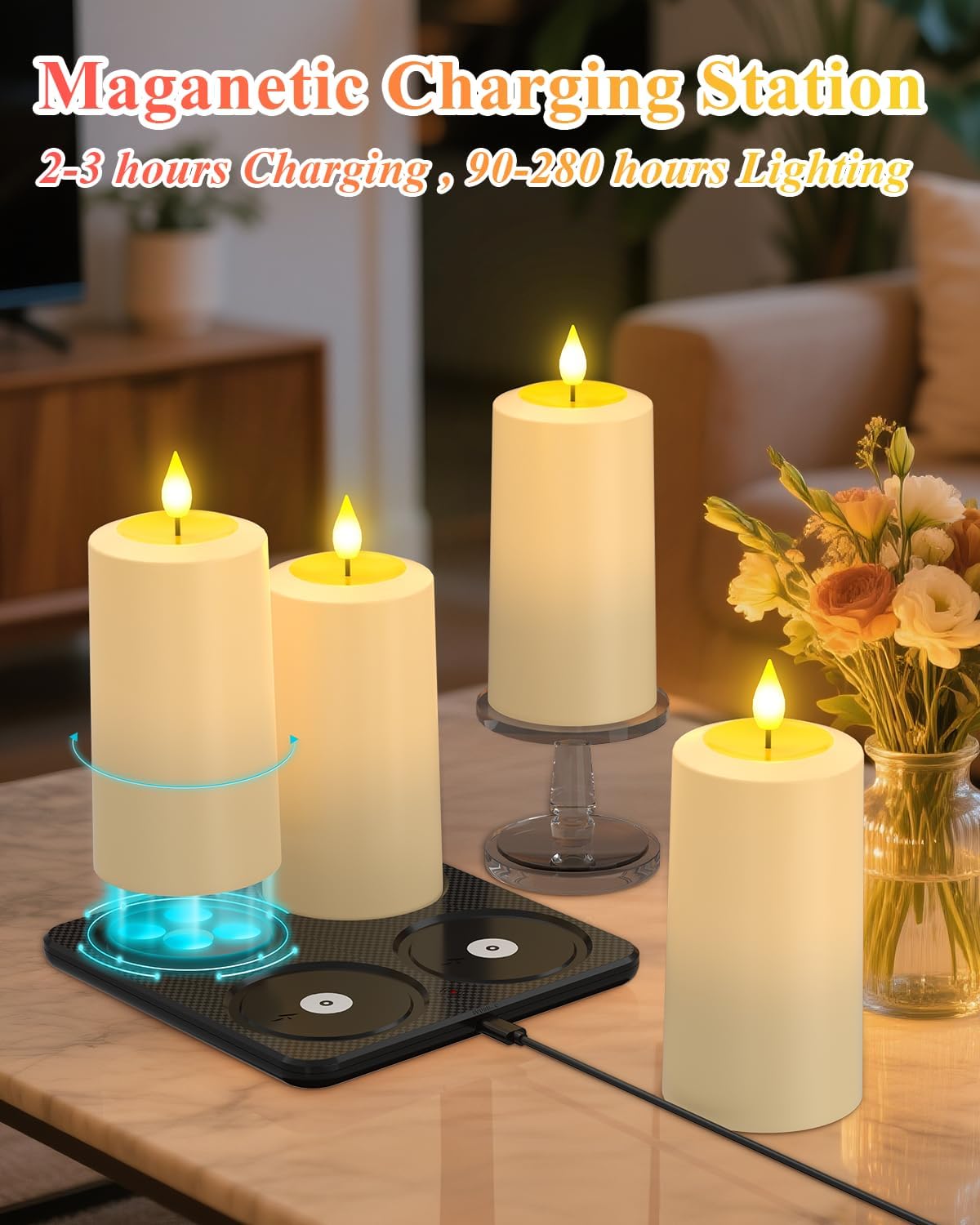SoulBay Waterproof Rechargeable Flameless LED Pillar Candles, 4 Pack | Magnetic Charging Base, IP54 Waterproof, Remote