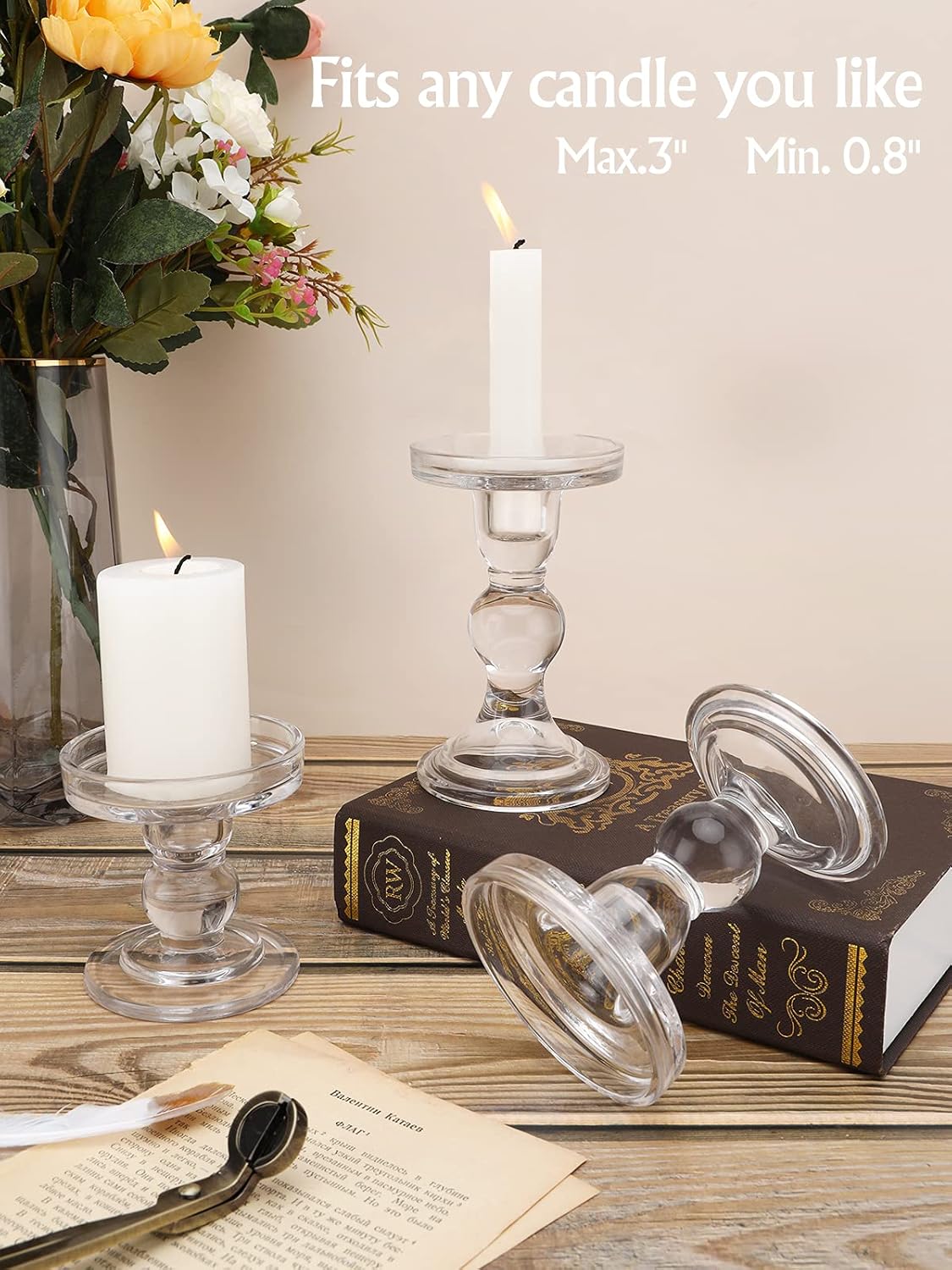 Lewondr Glass Candle Holders, Pillar Candle Holder, 3 Pcs, Crystal Clear | 5.5" 4.5" 3.5" Height, Glass Candlestick
