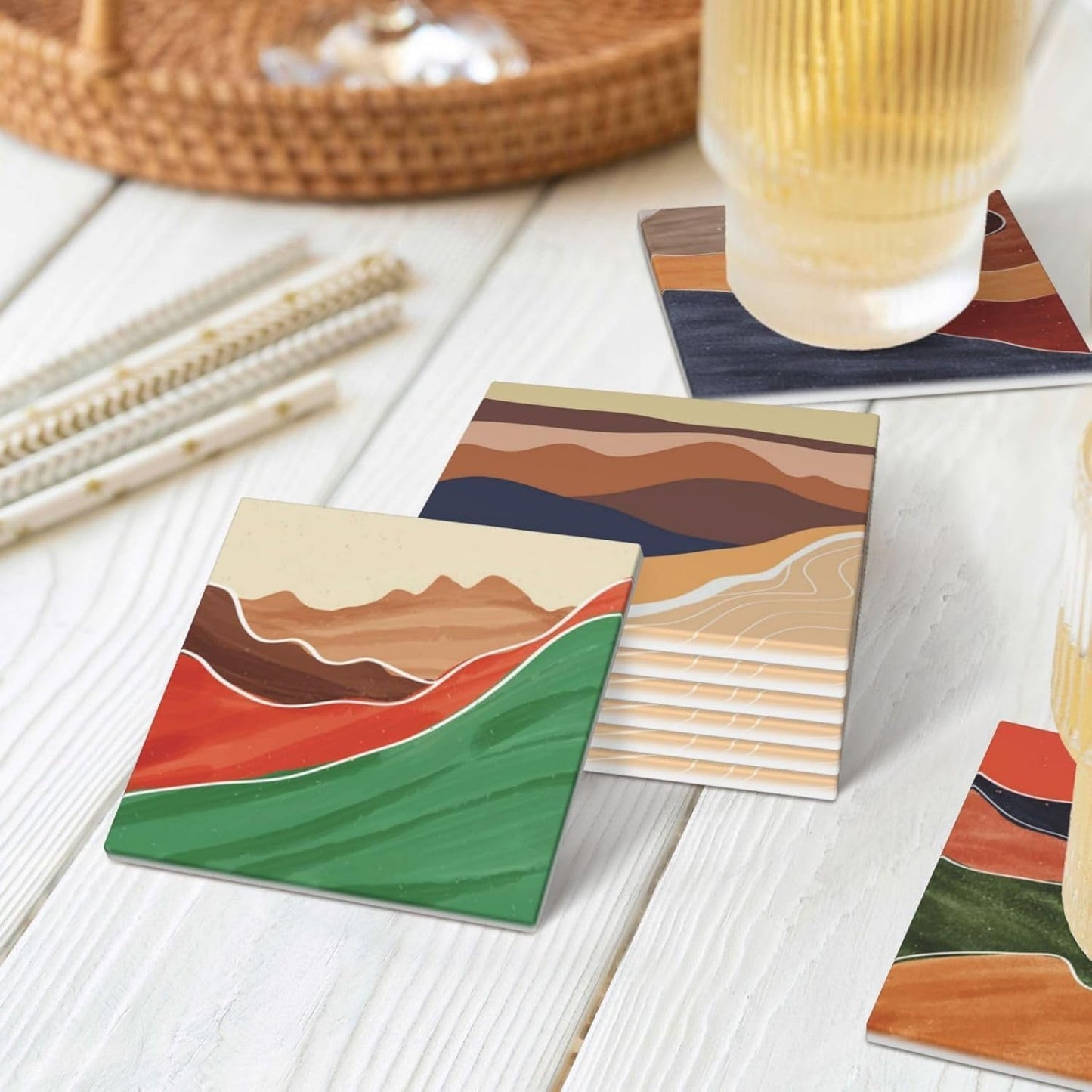 Absorbent Ceramic Coasters for Drinks / Square - Morandi Color Abstract / Set of 6