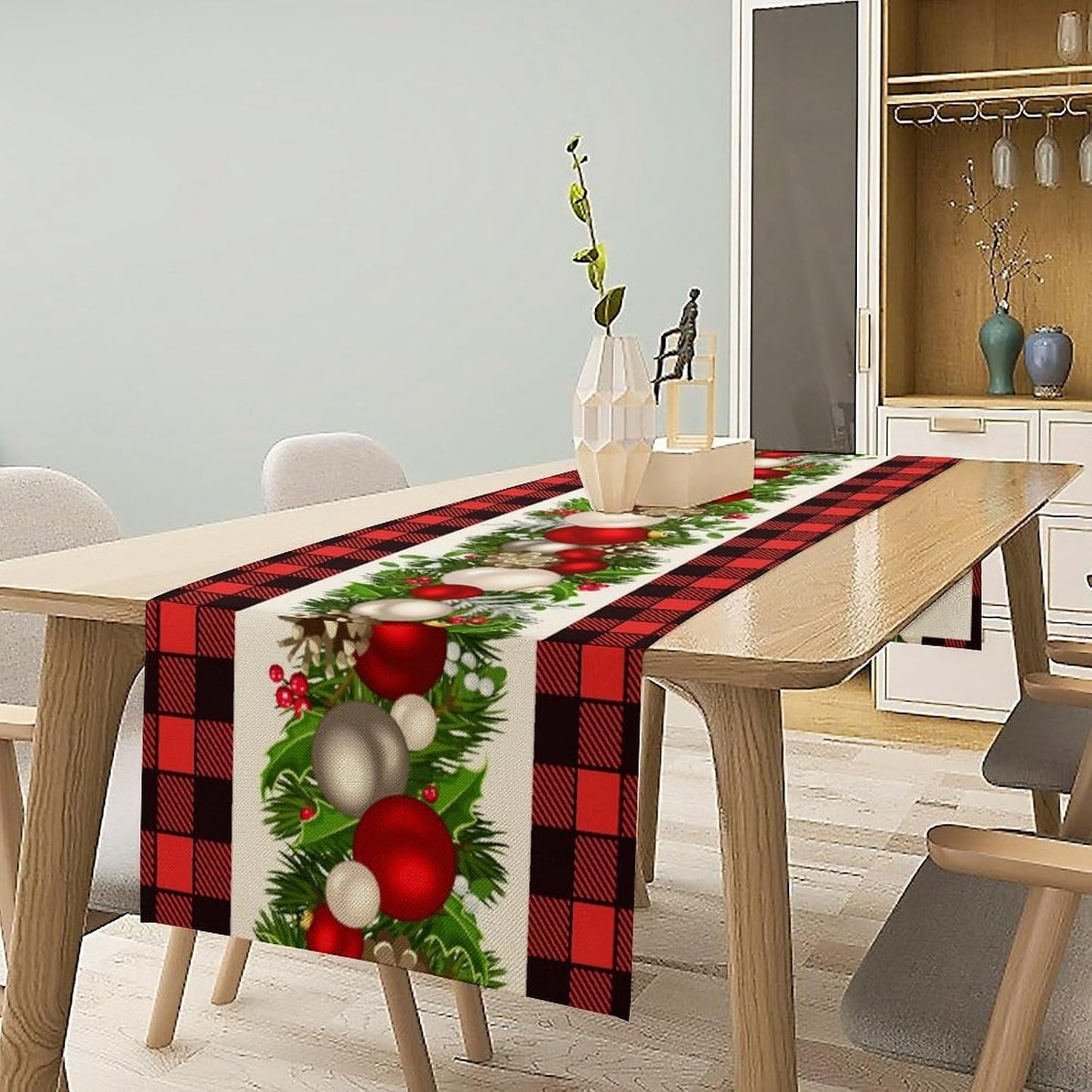 Christmas Linen Table Runner, Red and Black Buffalo Plaid Winter Xmas Holiday Farmhouse Style Patterns Printed Linen