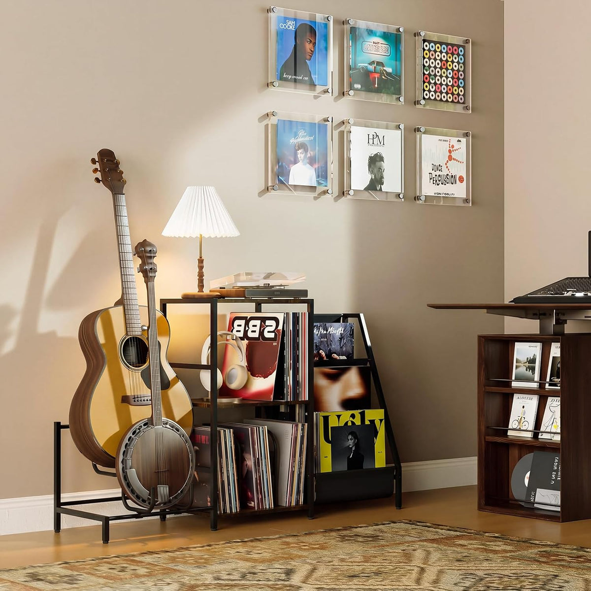 Record Player Stand with Guitar Rack for Acoustic, Electric & Bass Guitars | 3 Tier Vinyl Record Storage Up to 200