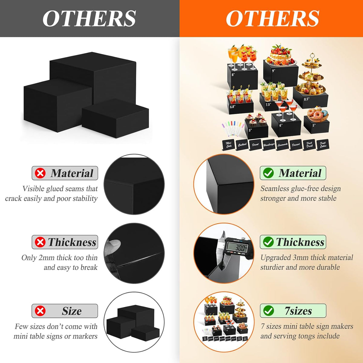 8Pcs Black Acrylic Buffet Risers with Mini Sign and Marker, Food Display Risers for Party Catering Dessert Jewelry