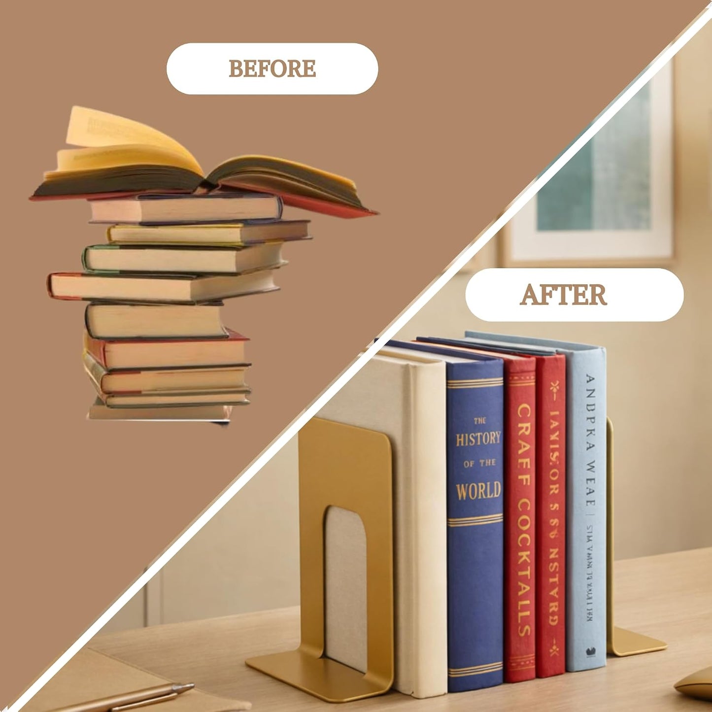 Heavy Duty Metal Bookends Supports Heavy Books / Gold 3 Pairs