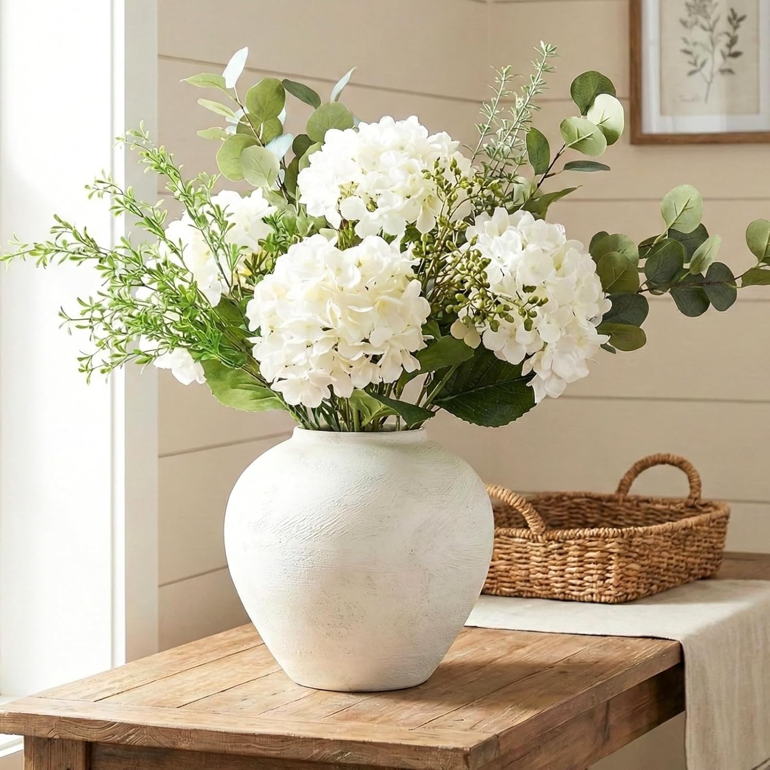 11" Wide Textured Stone Look Metal Flower Vase / White Large Brushed