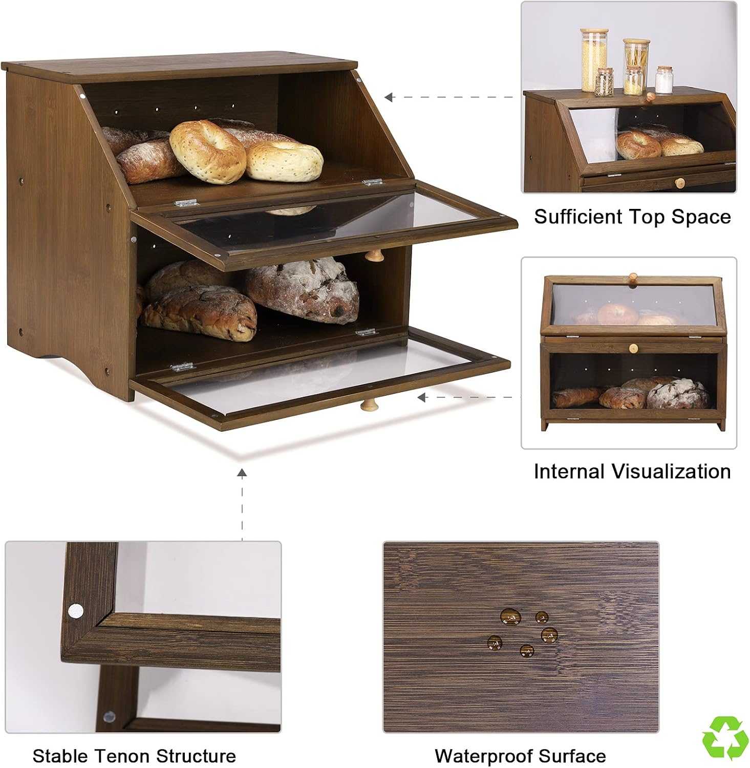 HOMEKOKO Double Layer Bread Box, Wooden Bread Storage Bin, Brown | Keeps Bread Fresh 3-4 Days, Large Capacity Fits 2+