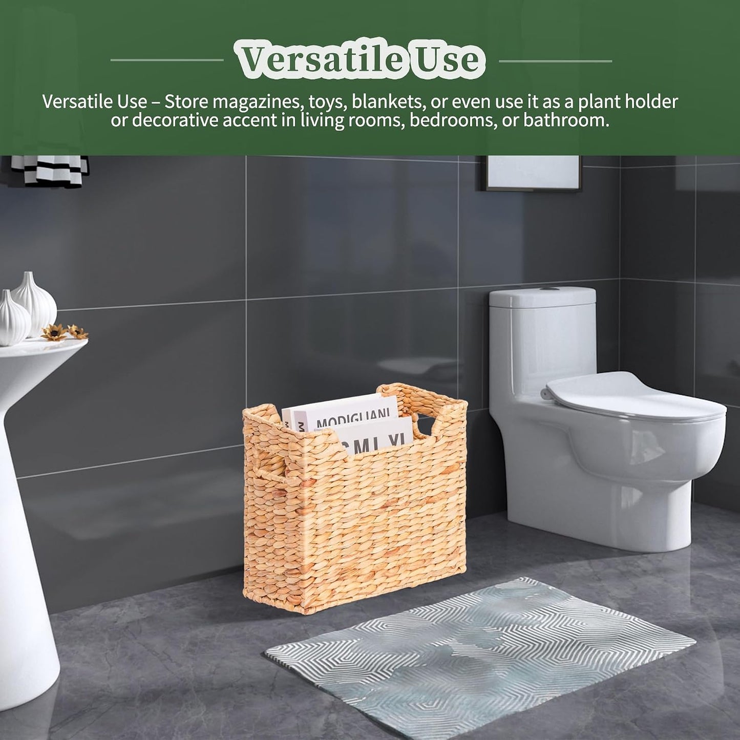 Magazines Holders, Handwoven Magazine Basket for Bathroom, Water Hyacinth Wicker Magazine Rack for Books, Files