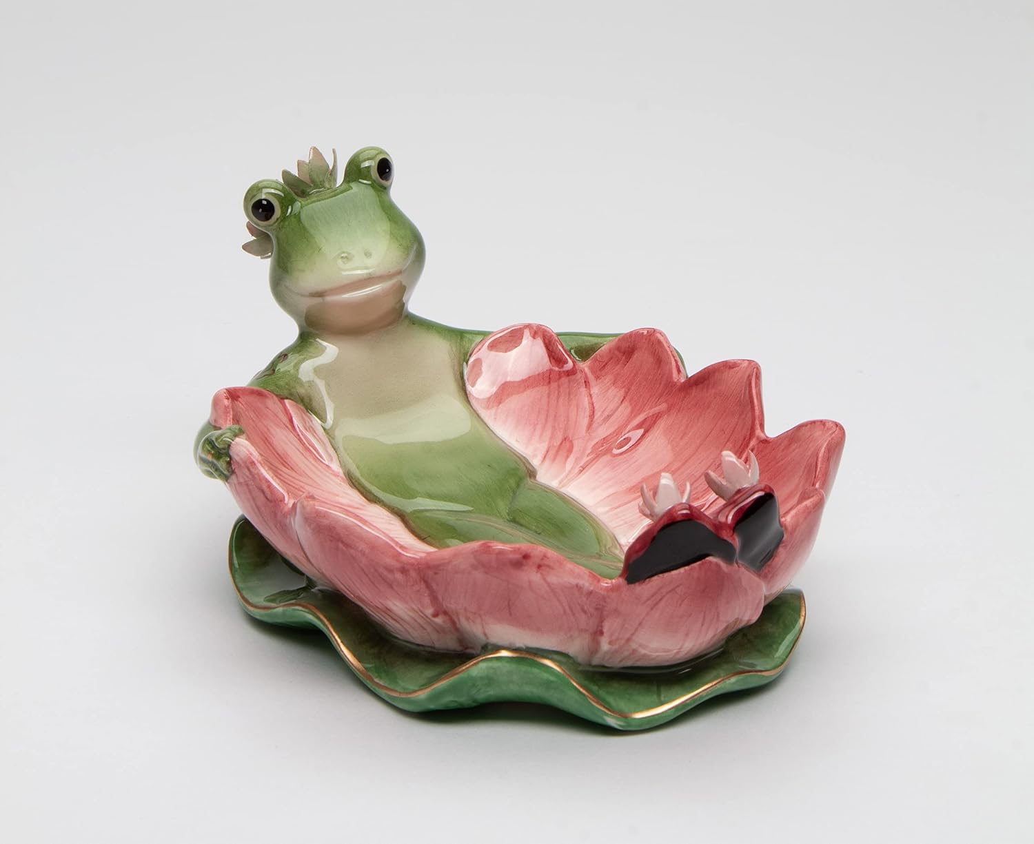 Fine Ceramic Hand Painted Lady Frog on Water Lily Lotus Flower Soap Dish or Nic Nac Dish or Jewelry