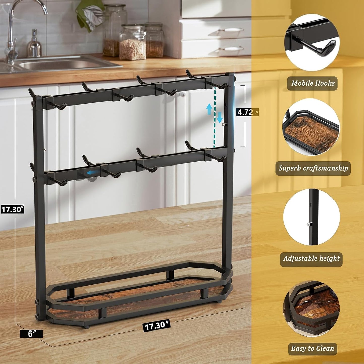 Coffee Mug Holder with Movable Hooks,16 Capacity Coffee Cup Holder for Countertop, Metal Mug Tree Holder Rack with