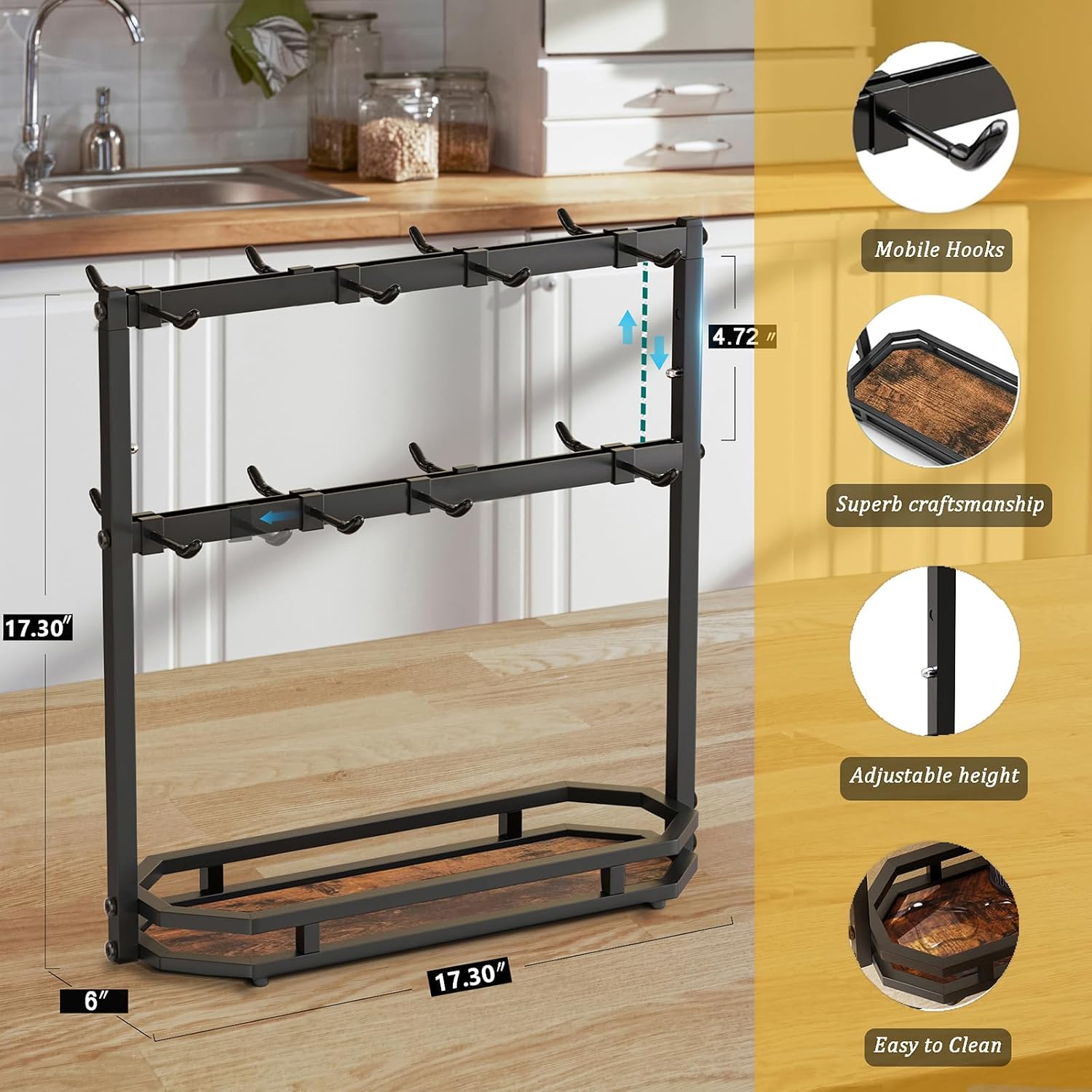 Coffee Mug Holder with Movable Hooks,16 Capacity Coffee Cup Holder for Countertop, Metal Mug Tree Holder Rack with
