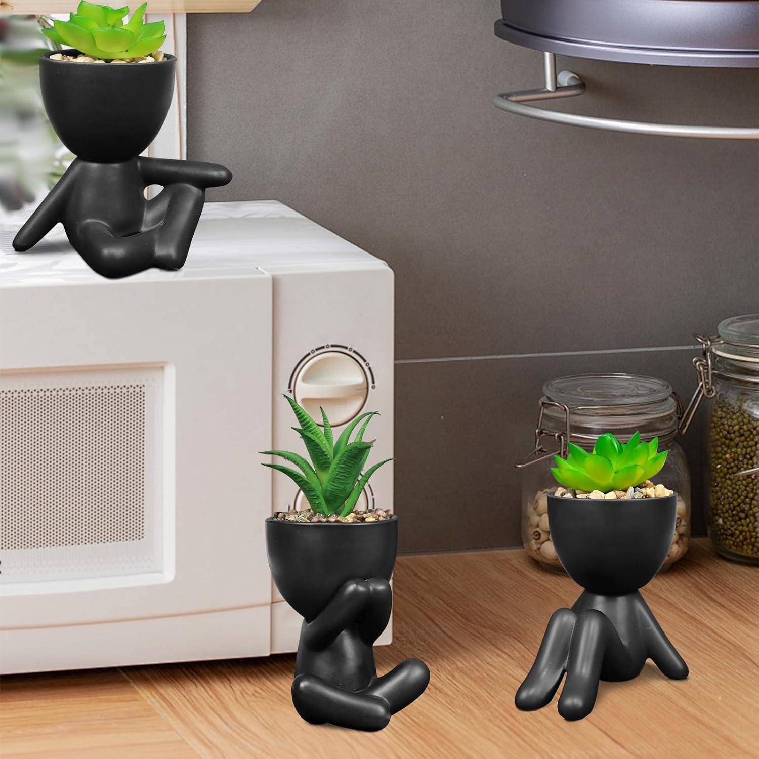 Artificial Succulent Plants in Human Shaped Pots / Black / Set of 4