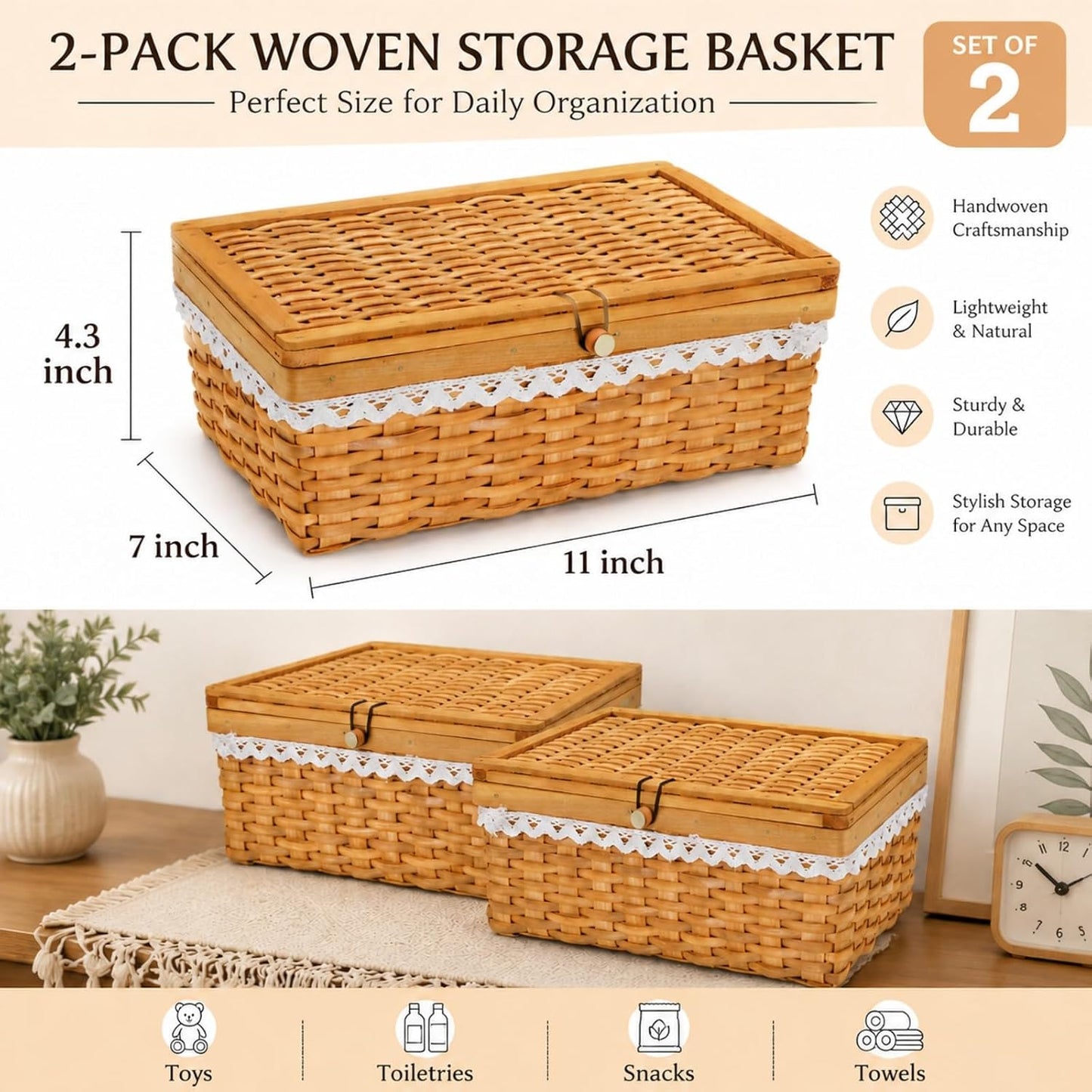 Storage Basket / Handwoven Rectangular Storage Organizer / Set of 2