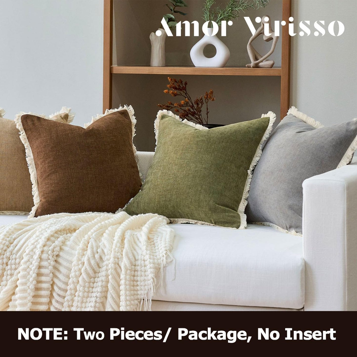 Fringe Throw Pillow Covers Boho Neutral Farmhouse Decorative / Olive Green / 18 x 18 / Set of 2