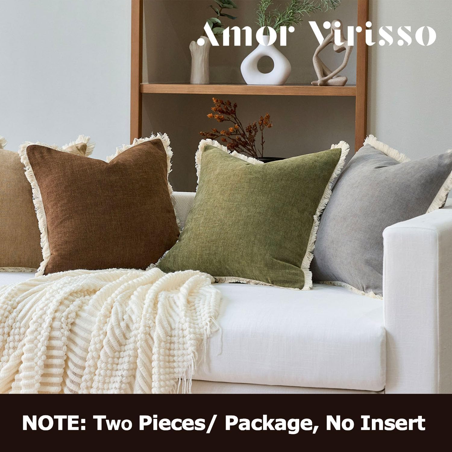 Fringe Throw Pillow Covers Boho Neutral Farmhouse Decorative / Olive Green / 18 x 18 / Set of 2