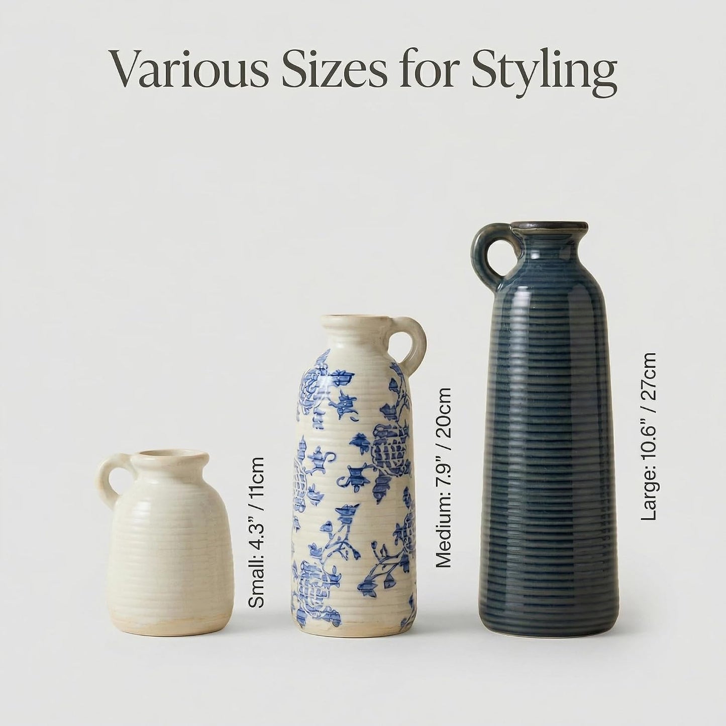 Ceramic Vase / Blue White Neutral Rustic Modern Farmhouse Boho Decor / Handle-blue White / Set of 3